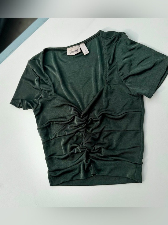 willow & root Tops - Willow&Root Deep Forest Green Ruched V-Neck Knot Front Crop Top Shimmer Satin S